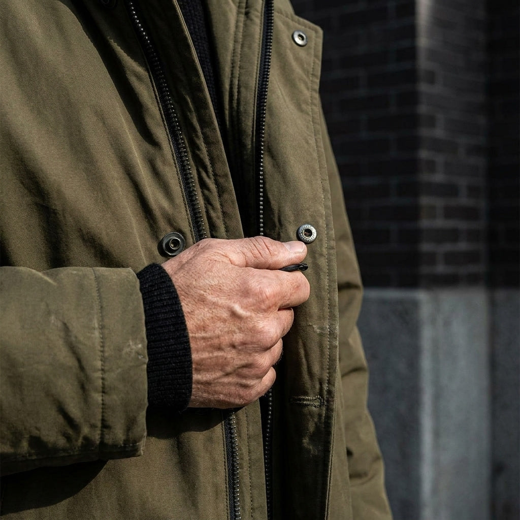 Nærbillede af den justerbare manchet på frakken — Bjerrelund