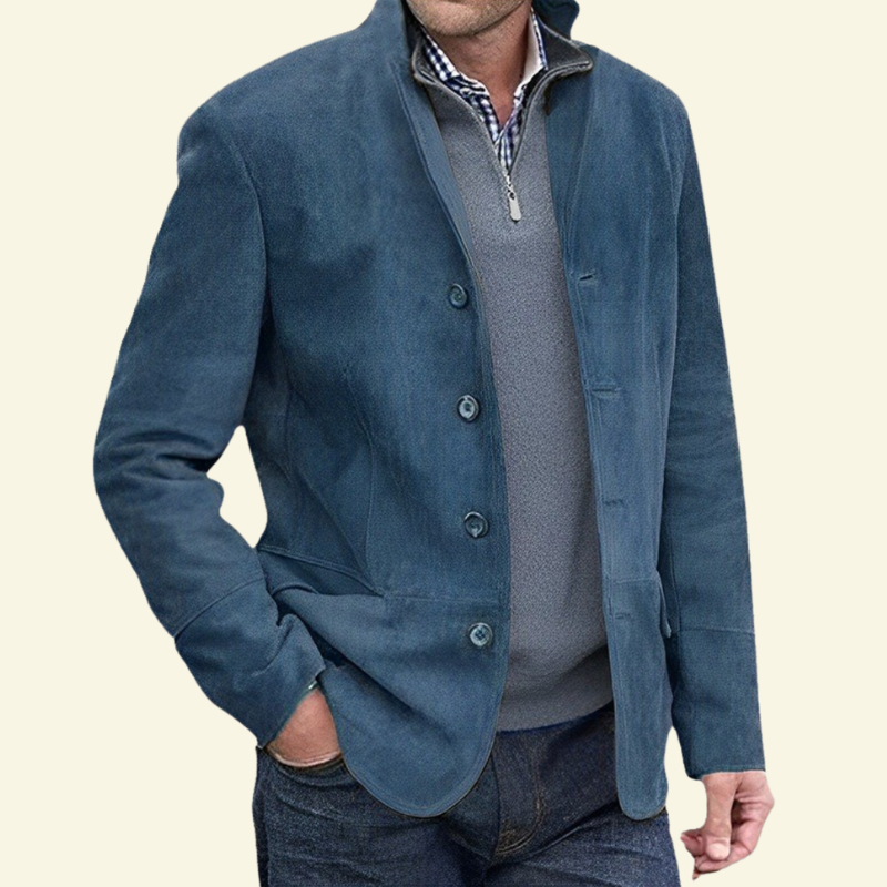 Blågrå blazer set forfra med knapning og revers — Bjerrelund