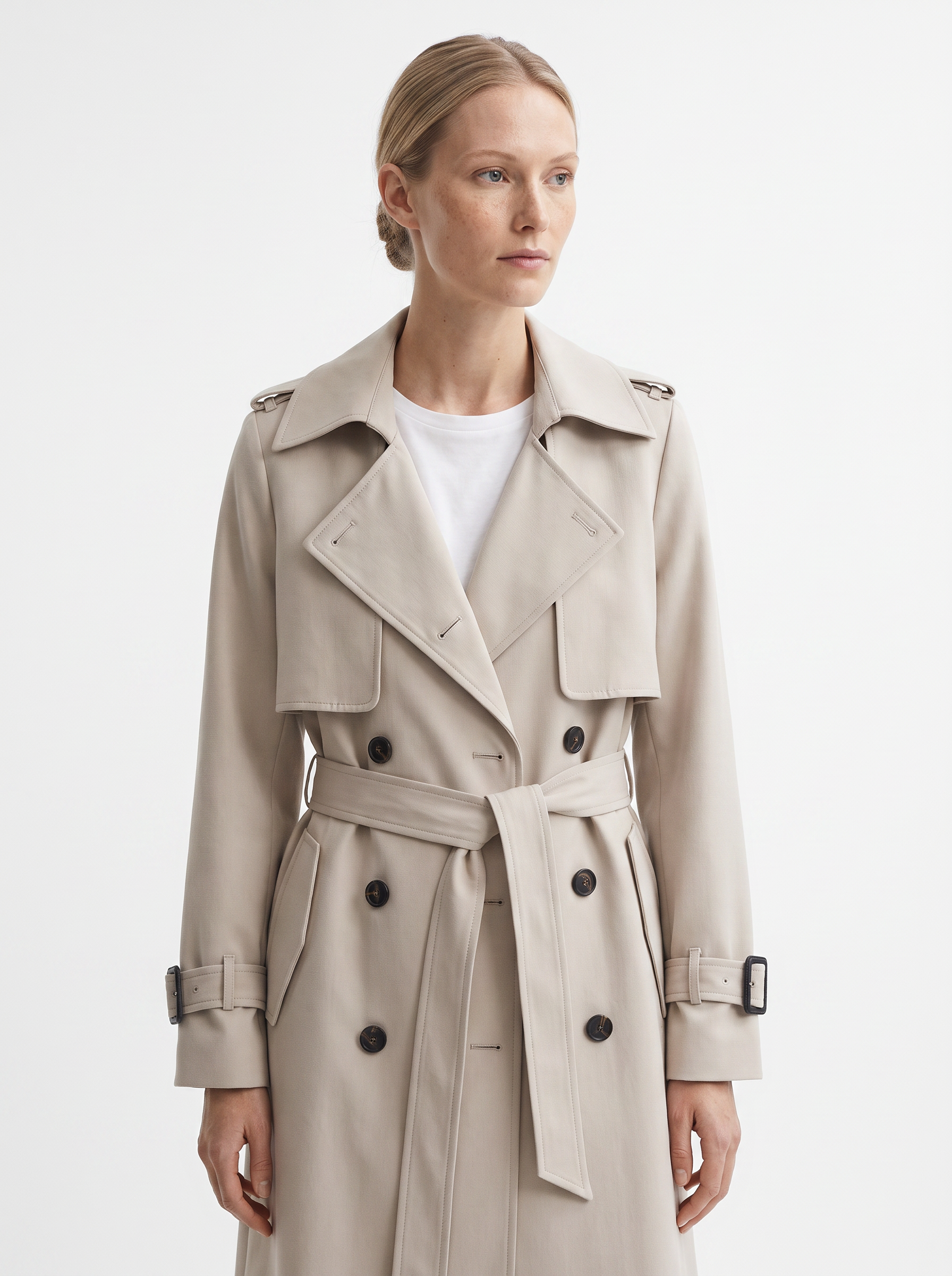Kvinde i en sandbeige dobbeltradet trenchcoat til dame fotograferet i studie mod hvid baggrund — Bjerrelund