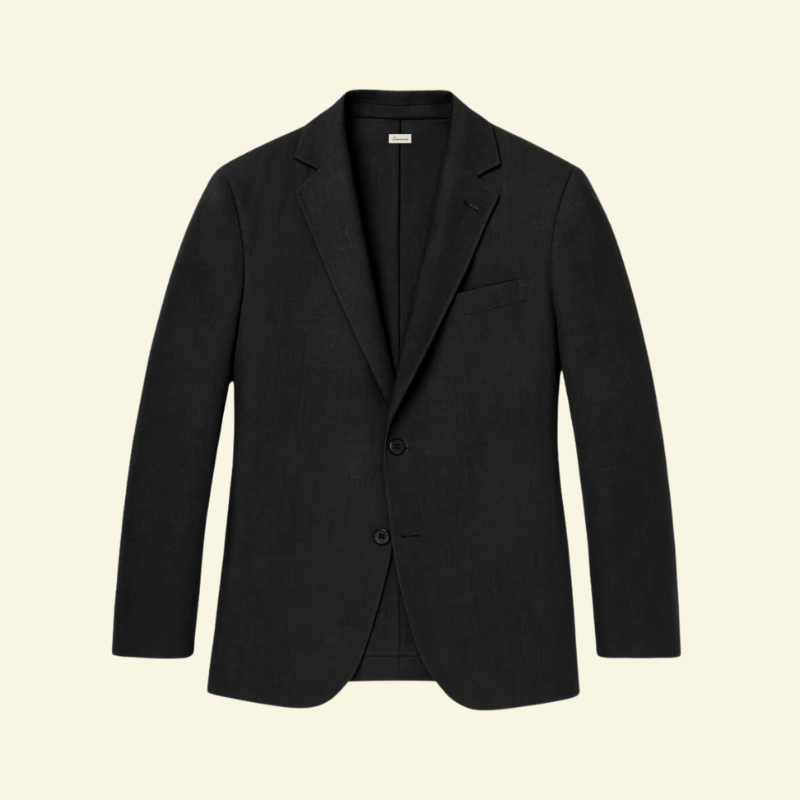 Detalje af toknaps lukning og revers på Laurent blazer — Bjerrelund