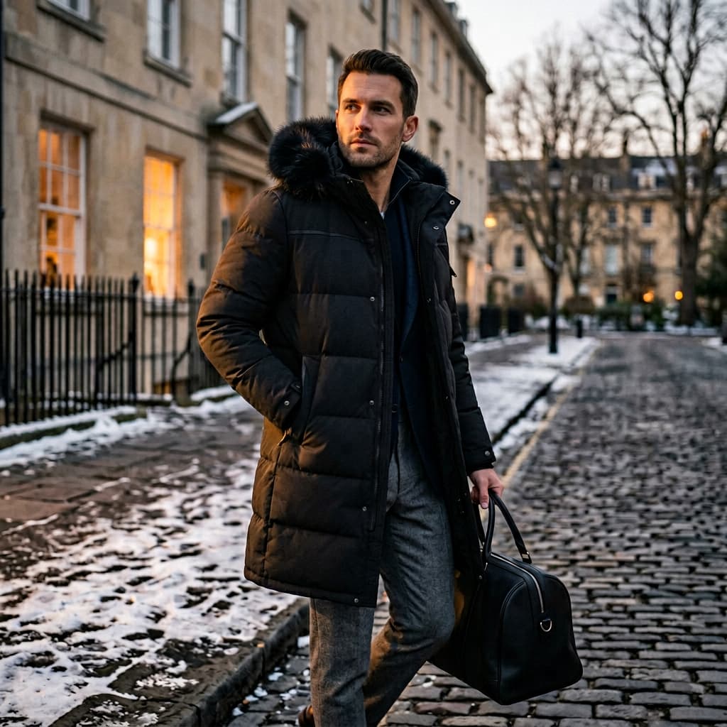 Mand i sort dunjakke med hætte og skjult knaplukning — Bjerrelund